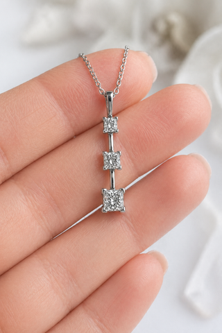 Natural Mined Princess Cut Diamond Three Stone Pendant 14KT White Gold