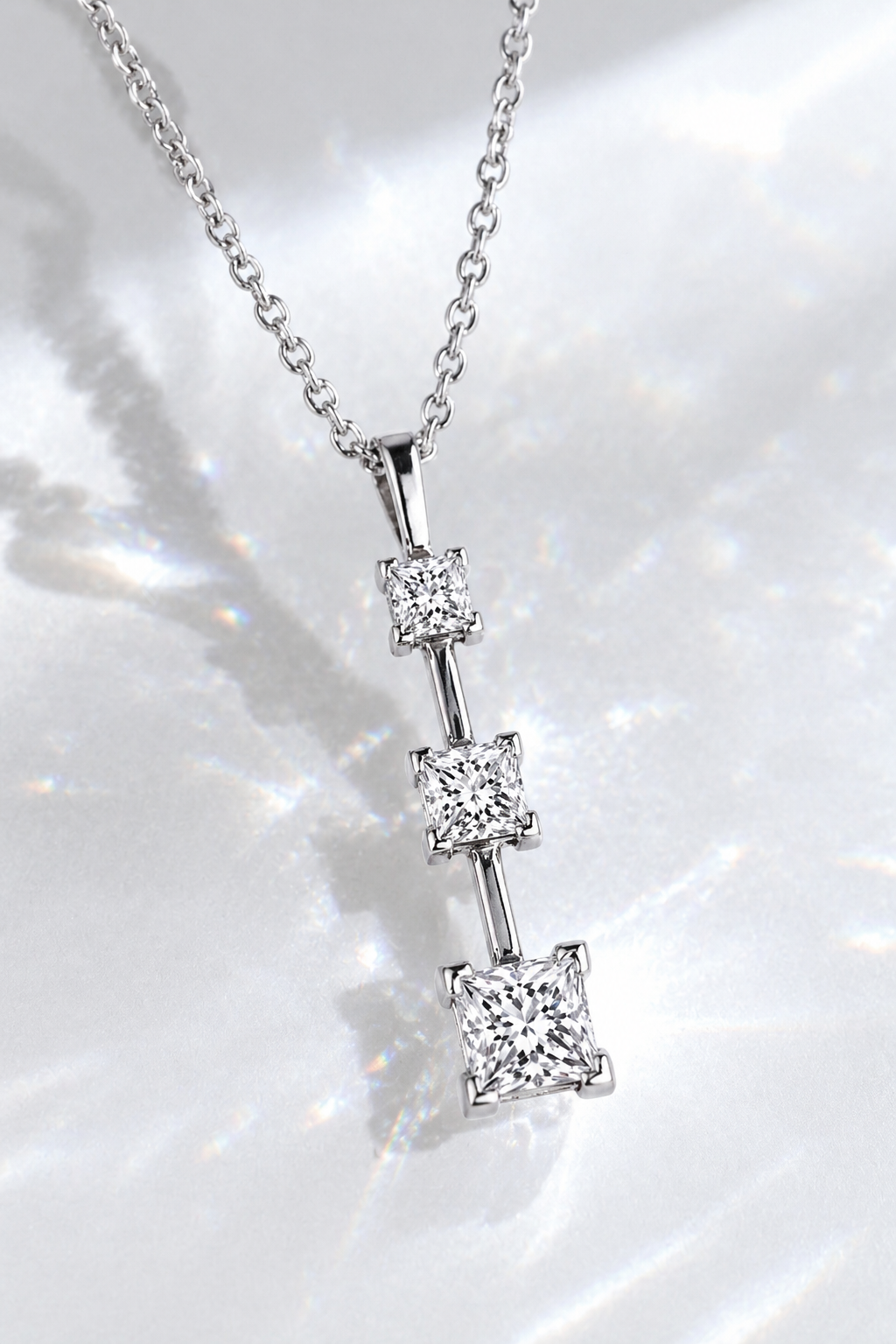 Natural Mined Princess Cut Diamond Three Stone Pendant 14KT White Gold