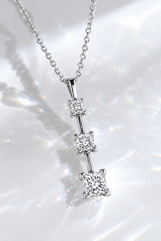 Natural Mined Princess Cut Diamond Three Stone Pendant 14KT White Gold