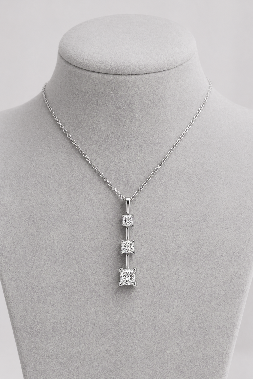 Natural Mined Princess Cut Diamond Three Stone Pendant 14KT White Gold