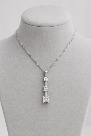Natural Mined Princess Cut Diamond Three Stone Pendant 14KT White Gold