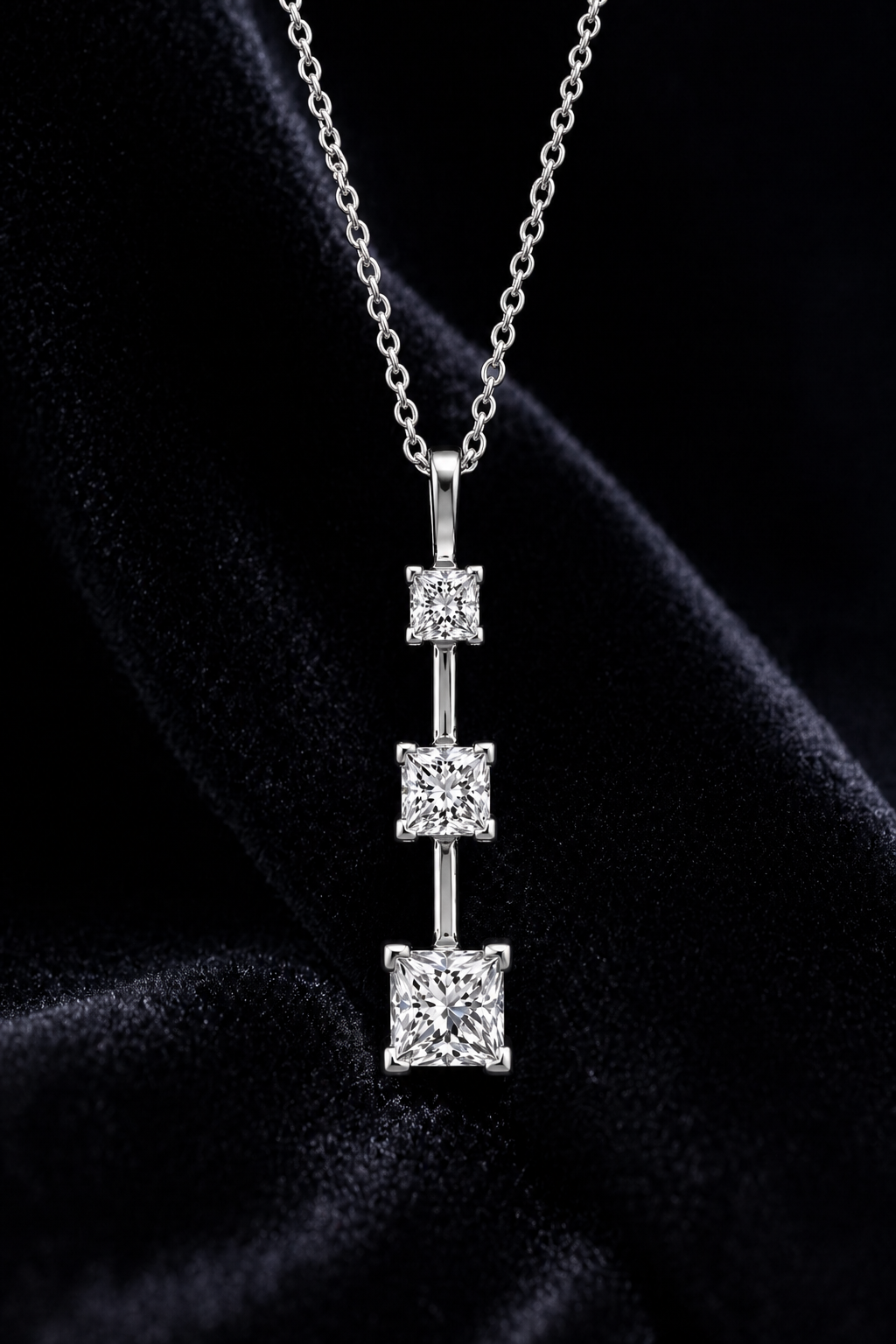 Natural Mined Princess Cut Diamond Three Stone Pendant 14KT White Gold