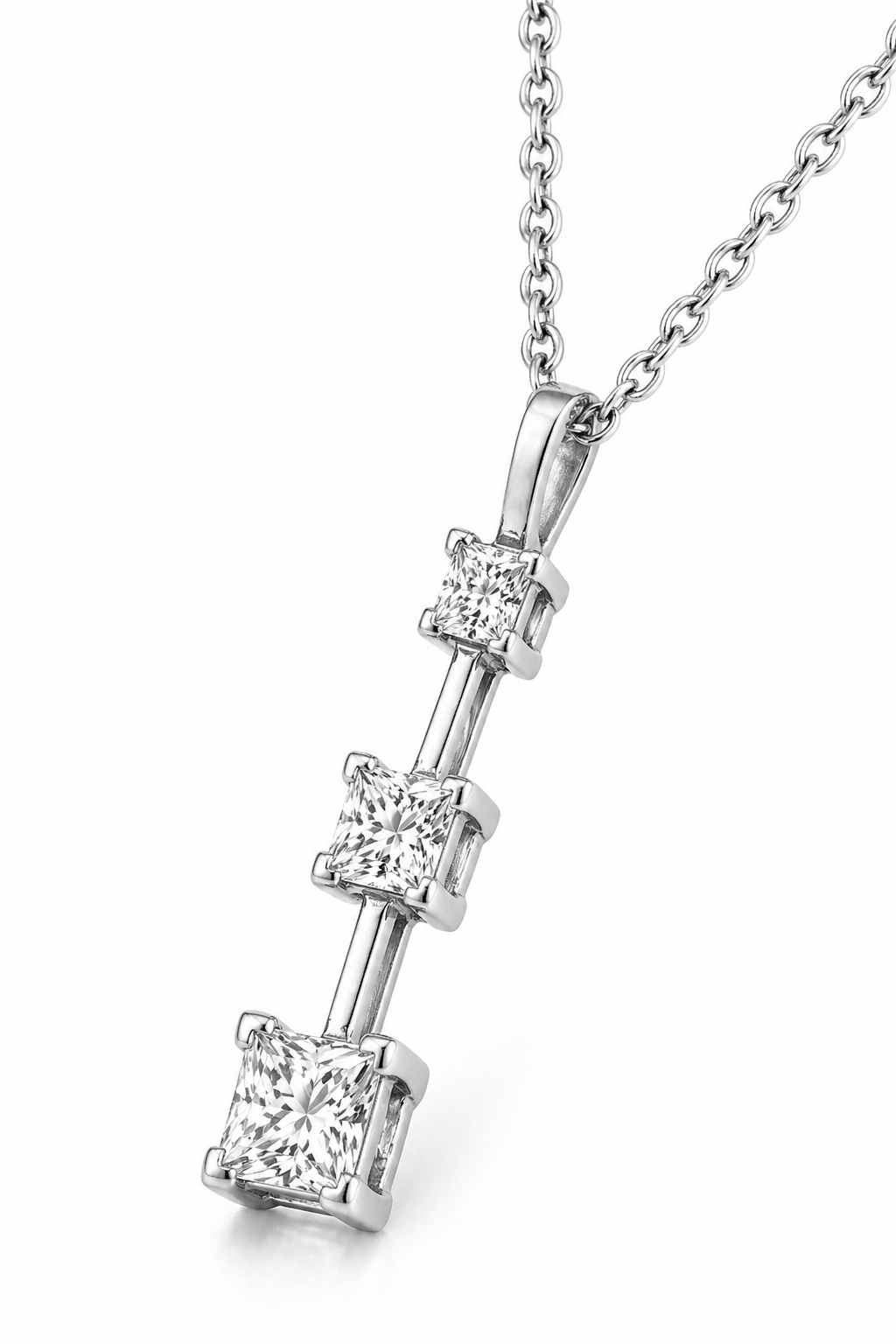 Natural Mined Princess Cut Diamond Three Stone Pendant 14KT White Gold