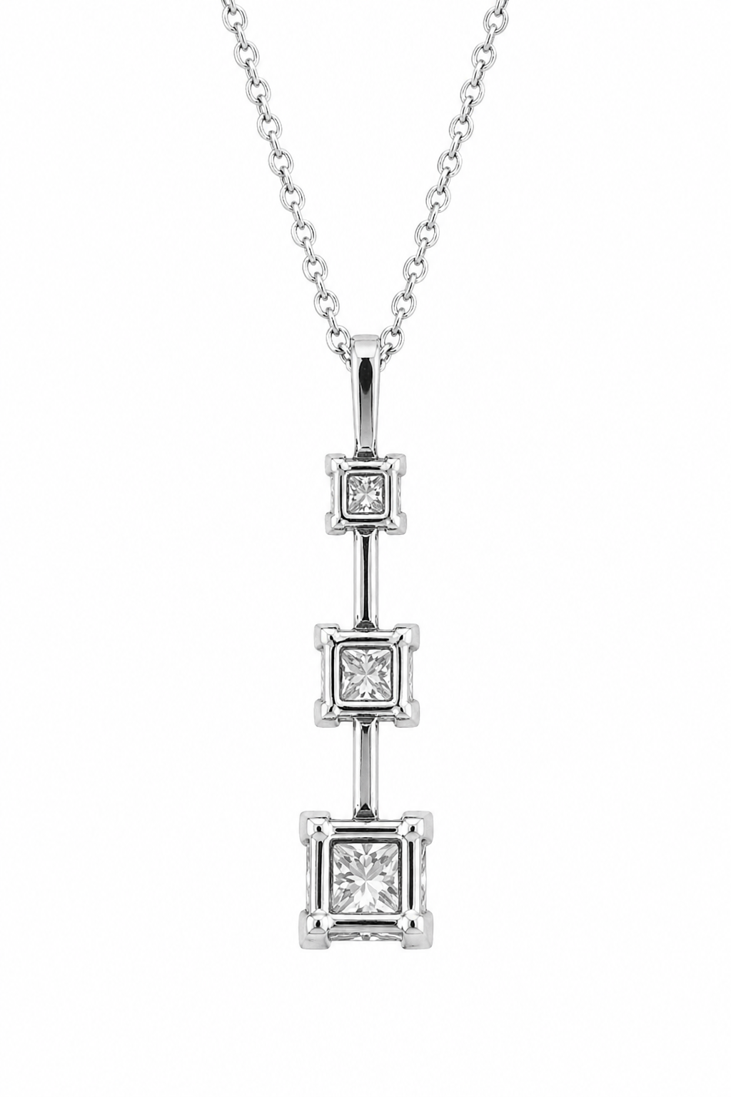 Natural Mined Princess Cut Diamond Three Stone Pendant 14KT White Gold