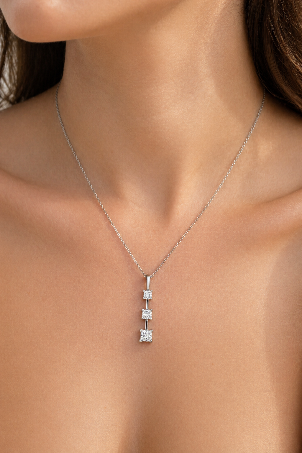 Natural Mined Princess Cut Diamond Three Stone Pendant 14KT White Gold