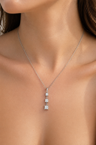 Natural Mined Princess Cut Diamond Three Stone Pendant 14KT White Gold