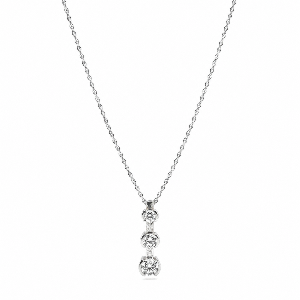 Natural Mined Round Diamond Three Stone Pendant Half Bezel 14K White Gold