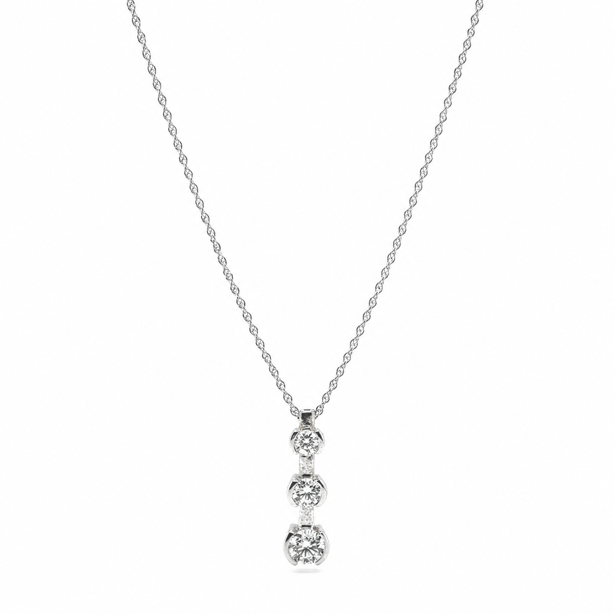 Natural Mined Round Diamond Three Stone Pendant Half Bezel 14K White Gold