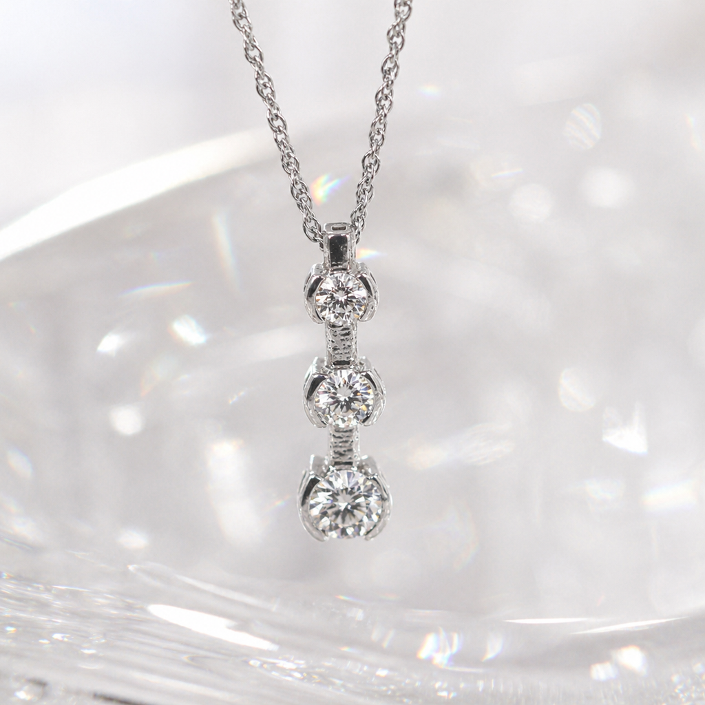 Natural Mined Round Diamond Three Stone Pendant Half Bezel 14K White Gold