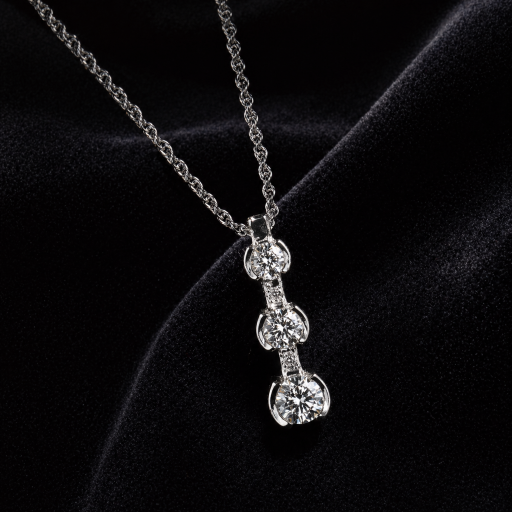 Natural Mined Round Diamond Three Stone Pendant Half Bezel 14K White Gold