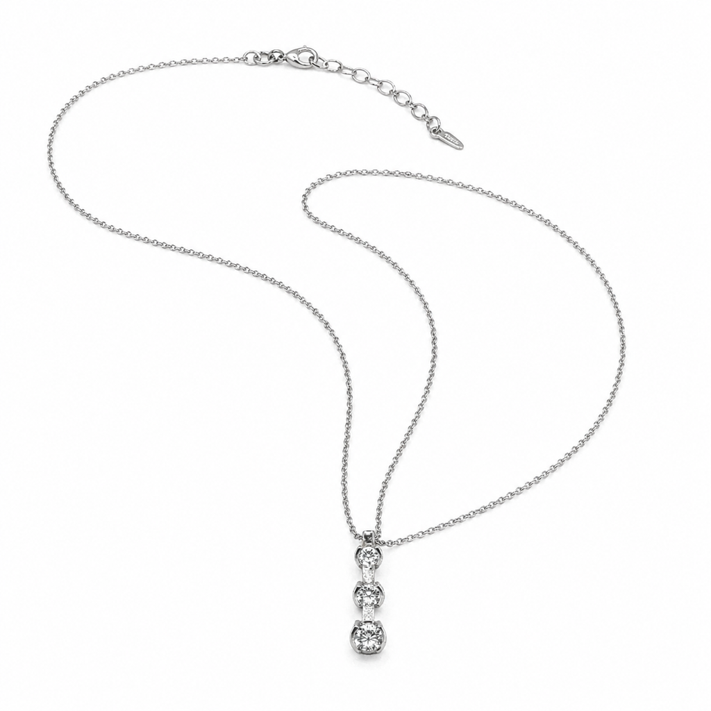 Natural Mined Round Diamond Three Stone Pendant Half Bezel 14K White Gold