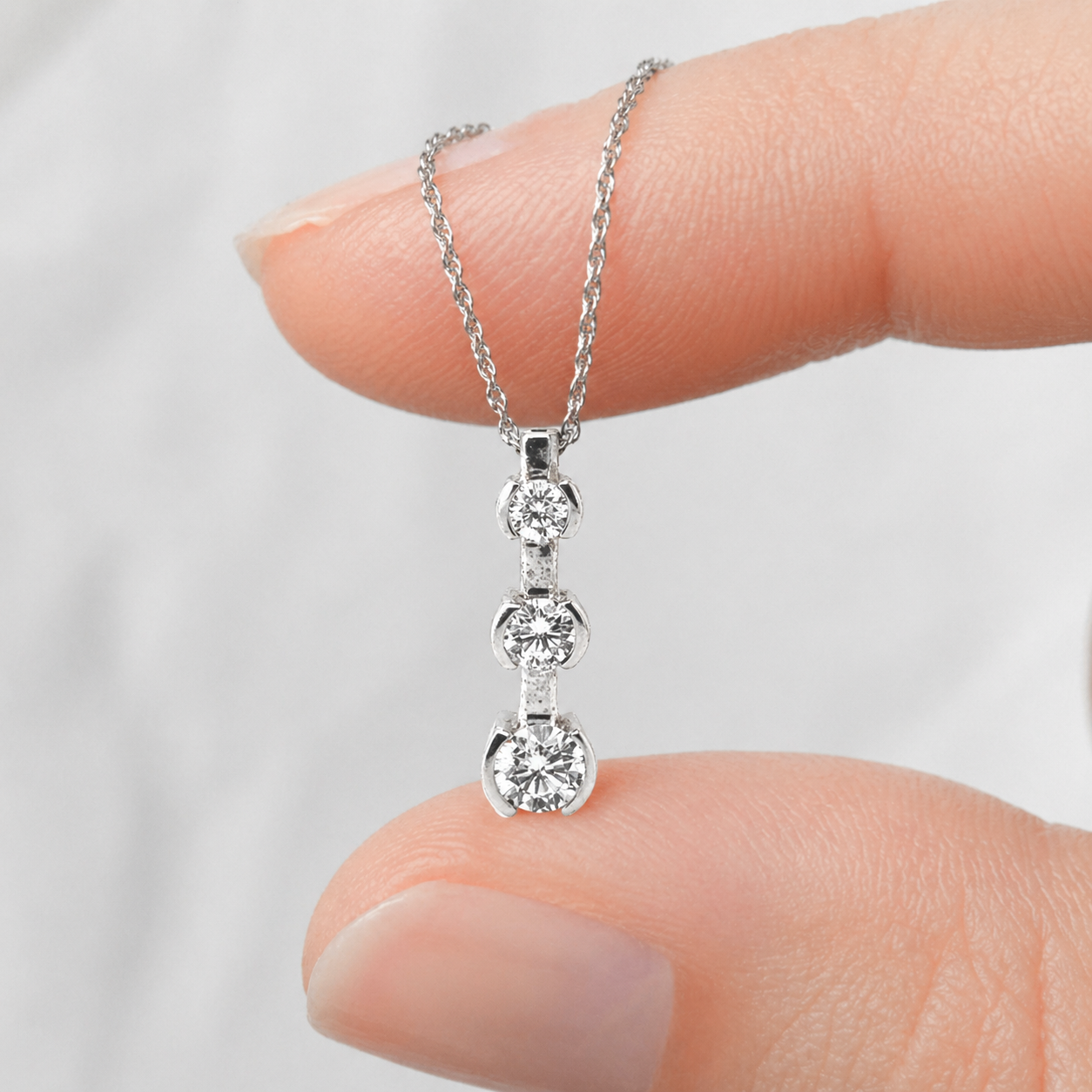 Natural Mined Round Diamond Three Stone Pendant Half Bezel 14K White Gold