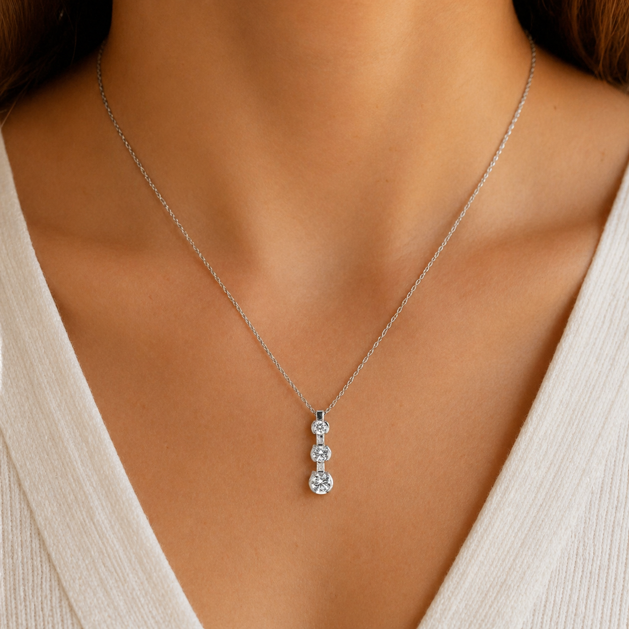 Natural Mined Round Diamond Three Stone Pendant Half Bezel 14K White Gold