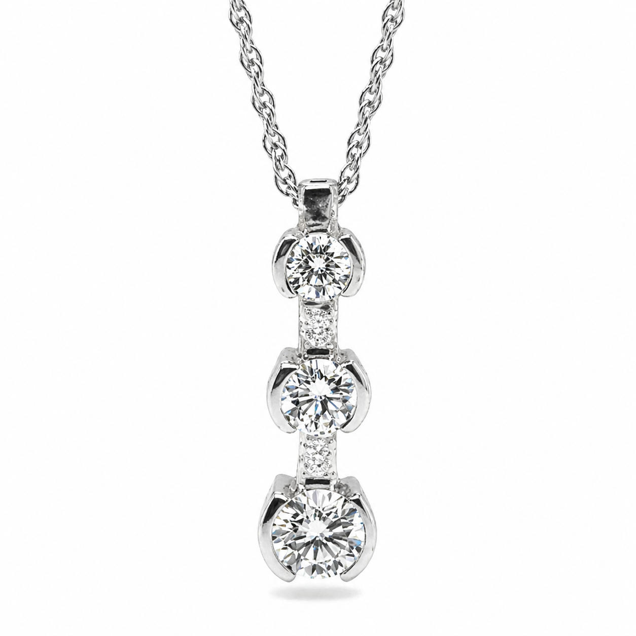 Natural Mined Round Diamond Three Stone Pendant Half Bezel 14K White Gold