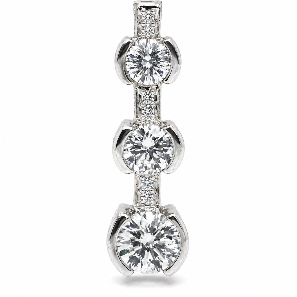 Natural Mined Round Diamond Three Stone Pendant Half Bezel 14K White Gold