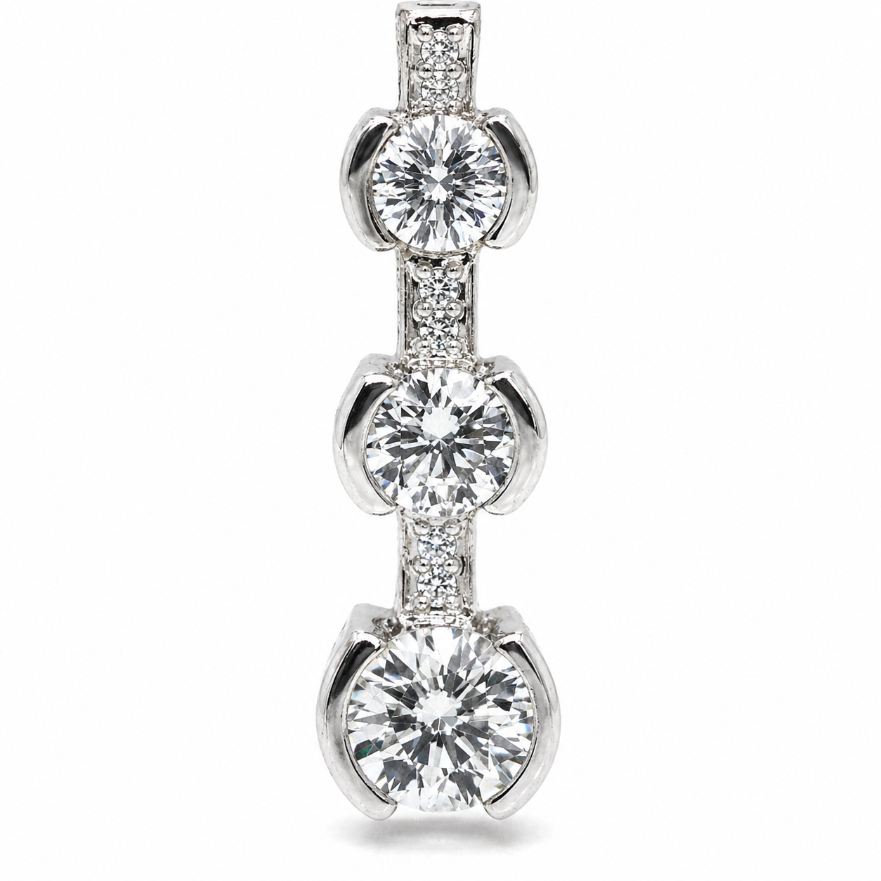 Natural Mined Round Diamond Three Stone Pendant Half Bezel 14K White Gold