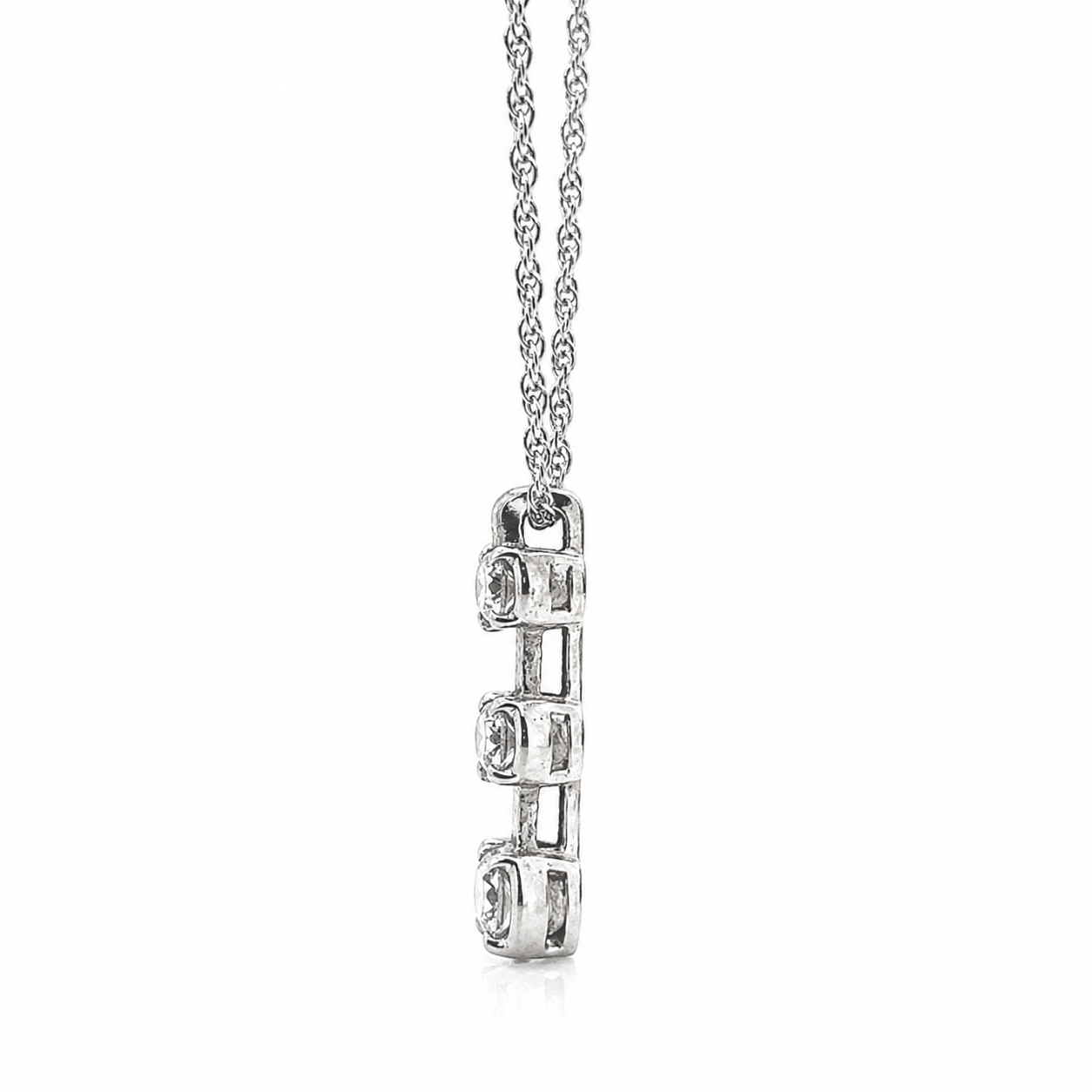 Natural Mined Round Diamond Three Stone Pendant Half Bezel 14K White Gold