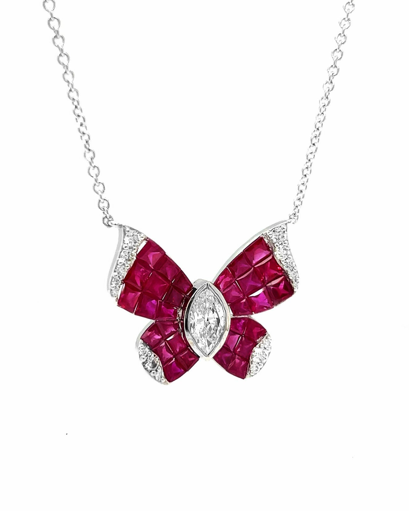 Natural Marquise Cut Diamonds and Rubies Butterfly Pendant Necklace, in White Gold
