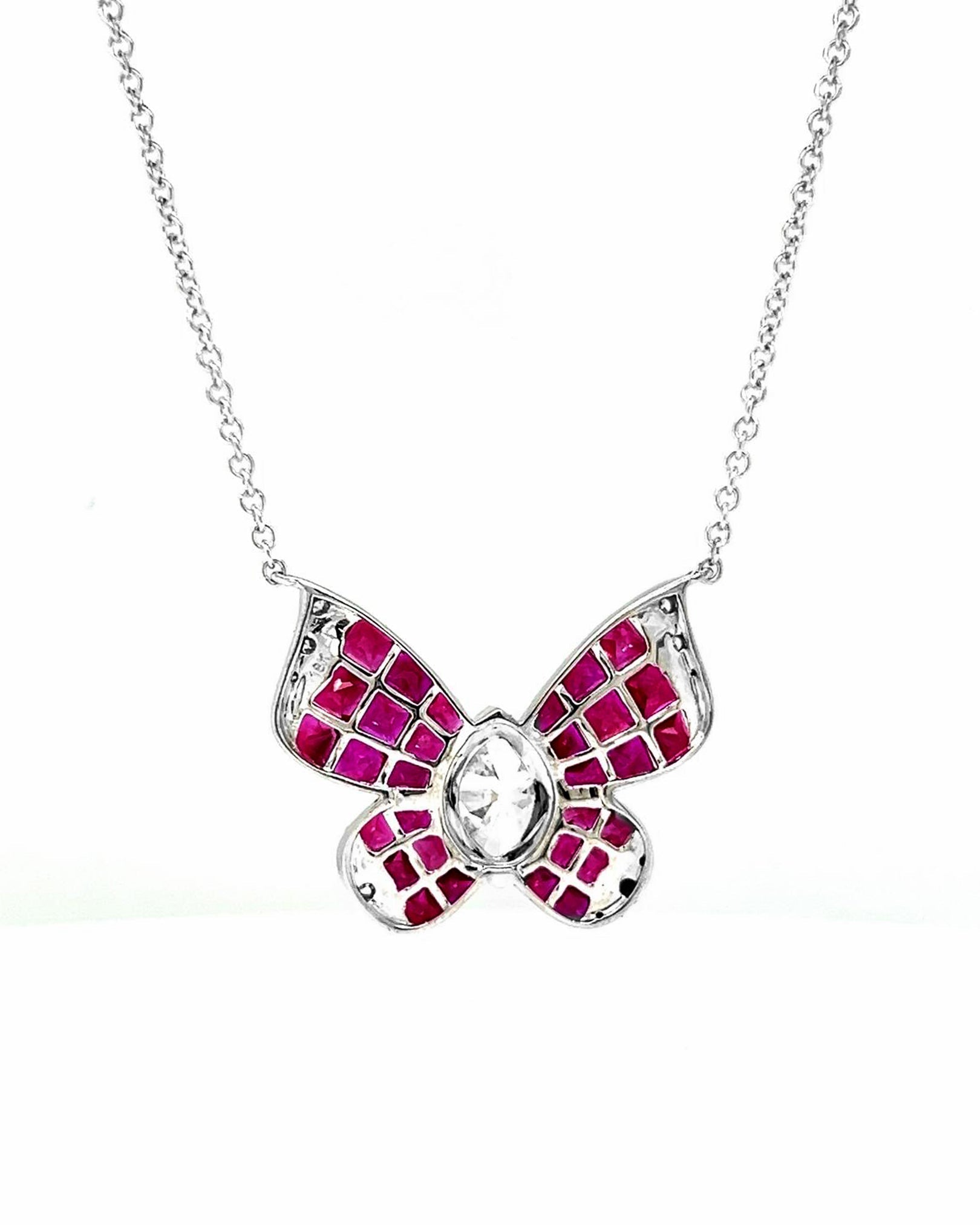 Natural Marquise Cut Diamonds and Rubies Butterfly Pendant Necklace, in White Gold