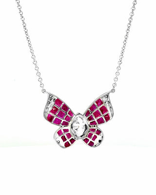 Natural Mined Marquise Cut Diamonds and Rubies Butterfly Pendant White Gold GIA Certified