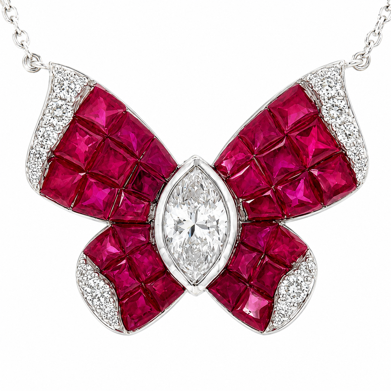 Natural Marquise Cut Diamonds and Rubies Butterfly Necklace 18KT White Gold