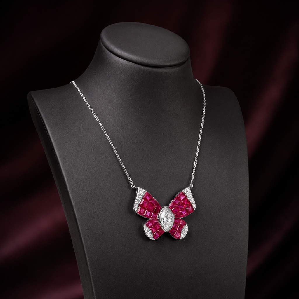 Natural Marquise Cut Diamonds and Rubies Butterfly Necklace 18KT White Gold