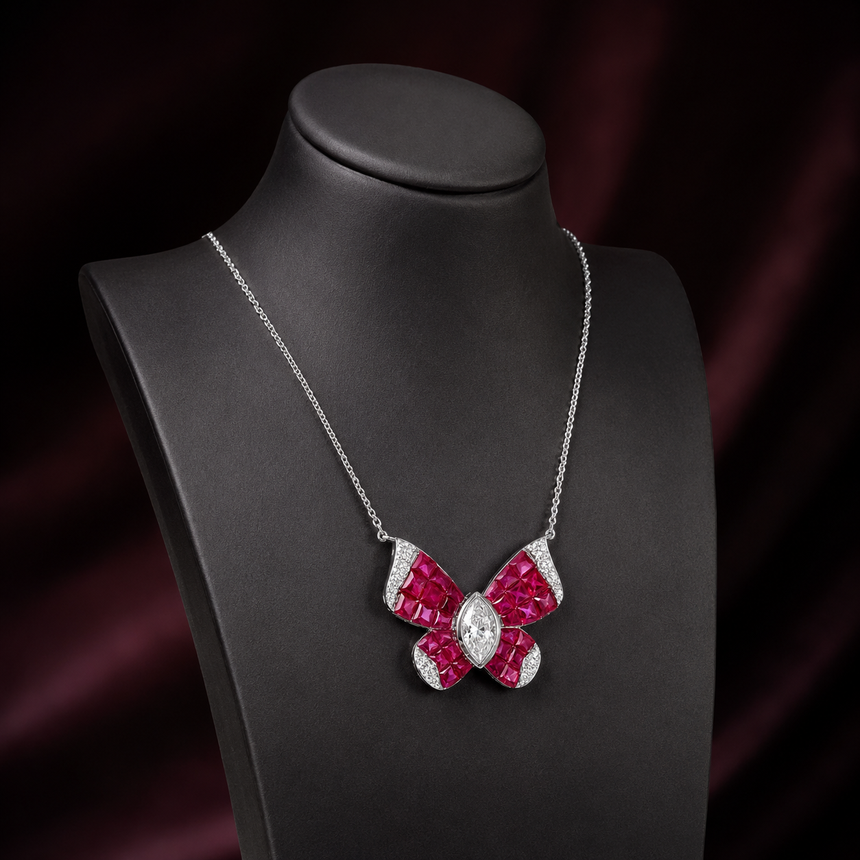 Natural Marquise Cut Diamonds and Rubies Butterfly Necklace 18KT White Gold