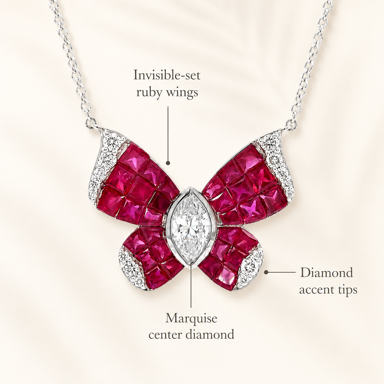 Natural Marquise Cut Diamonds and Rubies Butterfly Necklace 18KT White Gold