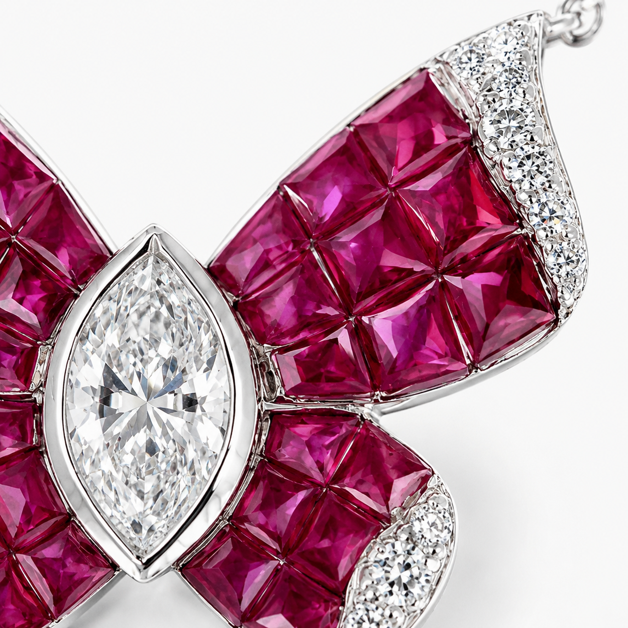 Natural Marquise Cut Diamonds and Rubies Butterfly Necklace 18KT White Gold