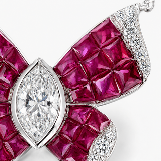 Natural Marquise Cut Diamonds and Rubies Butterfly Necklace 18KT White Gold