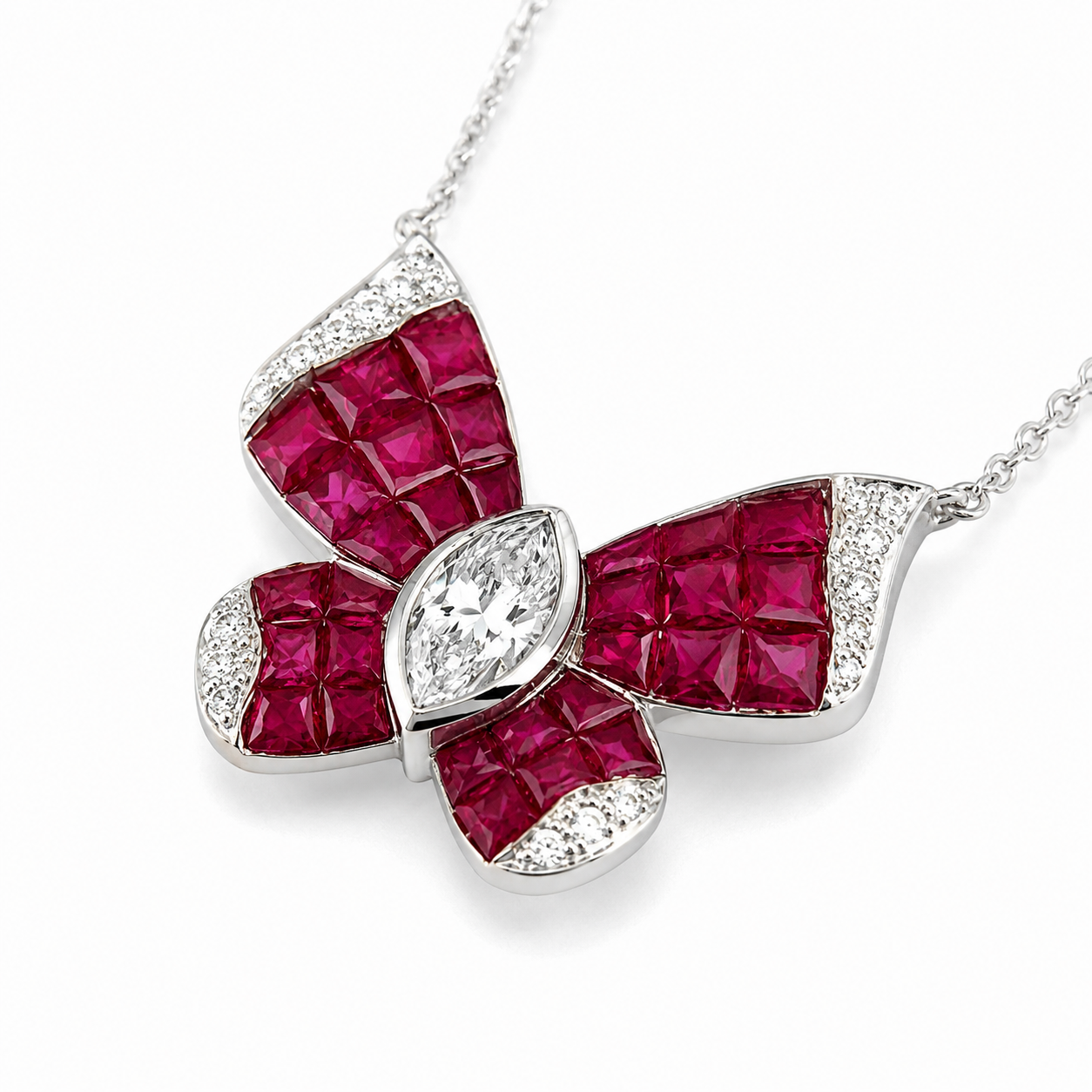 Natural Marquise Cut Diamonds and Rubies Butterfly Necklace 18KT White Gold