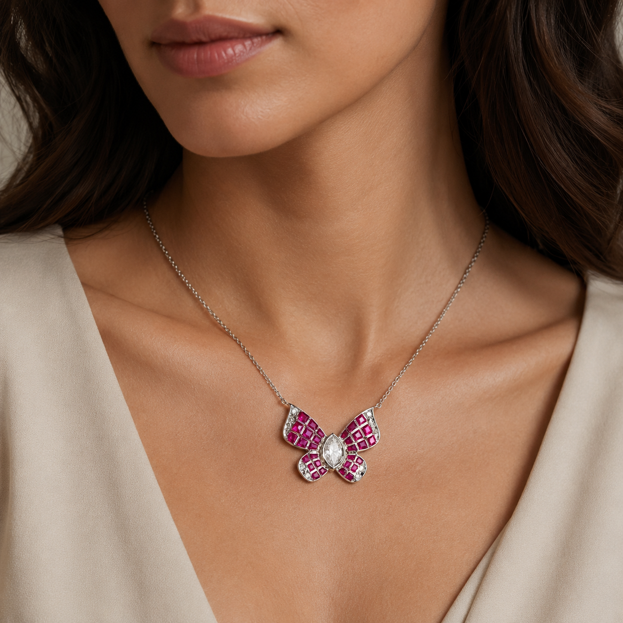 Natural Marquise Cut Diamonds and Rubies Butterfly Necklace 18KT White Gold
