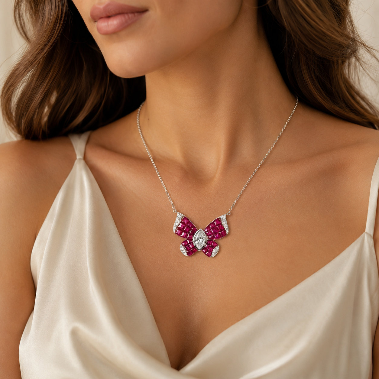 Natural Marquise Cut Diamonds and Rubies Butterfly Necklace 18KT White Gold