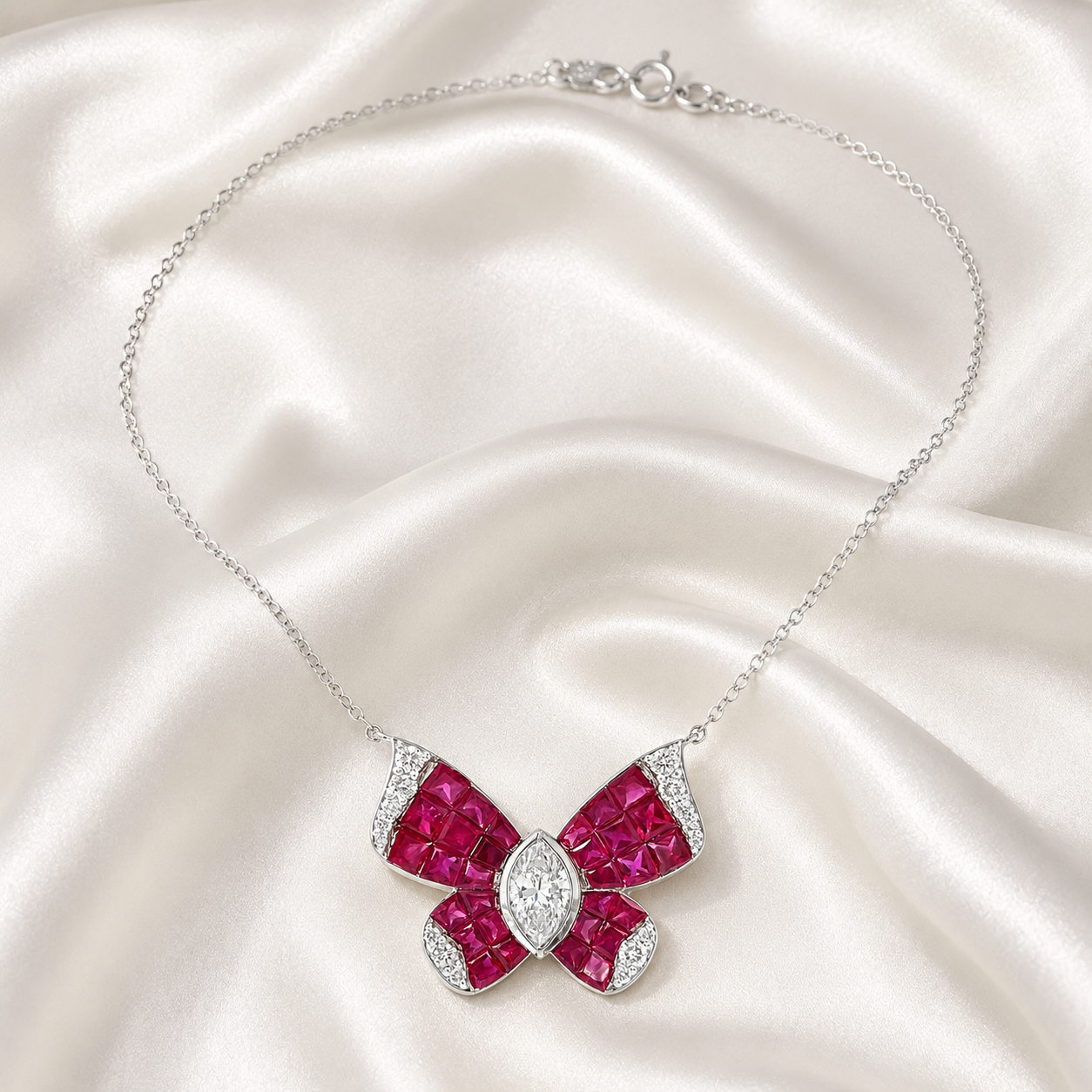 Natural Marquise Cut Diamonds and Rubies Butterfly Necklace 18KT White Gold
