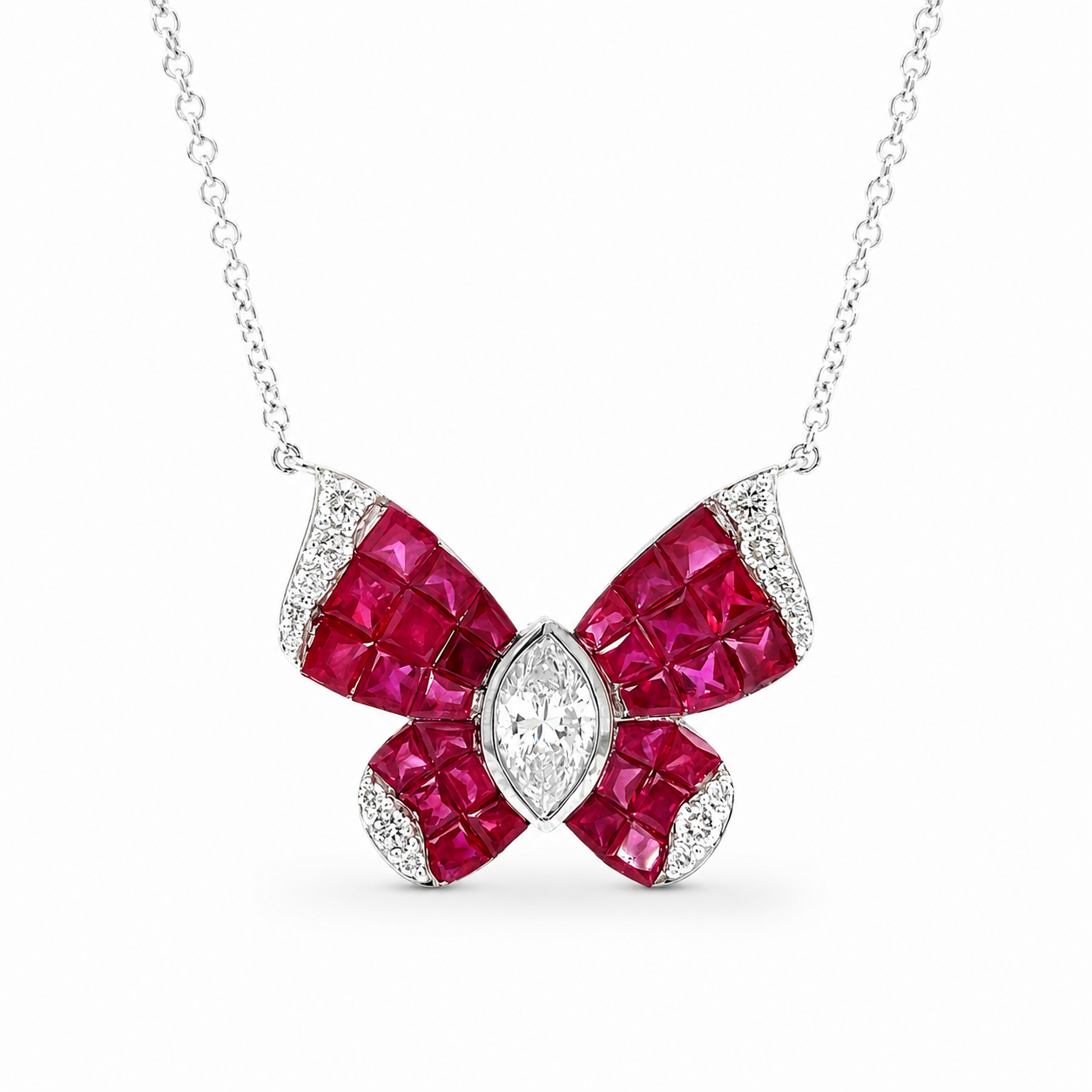 Natural Marquise Cut Diamonds and Rubies Butterfly Necklace 18KT White Gold
