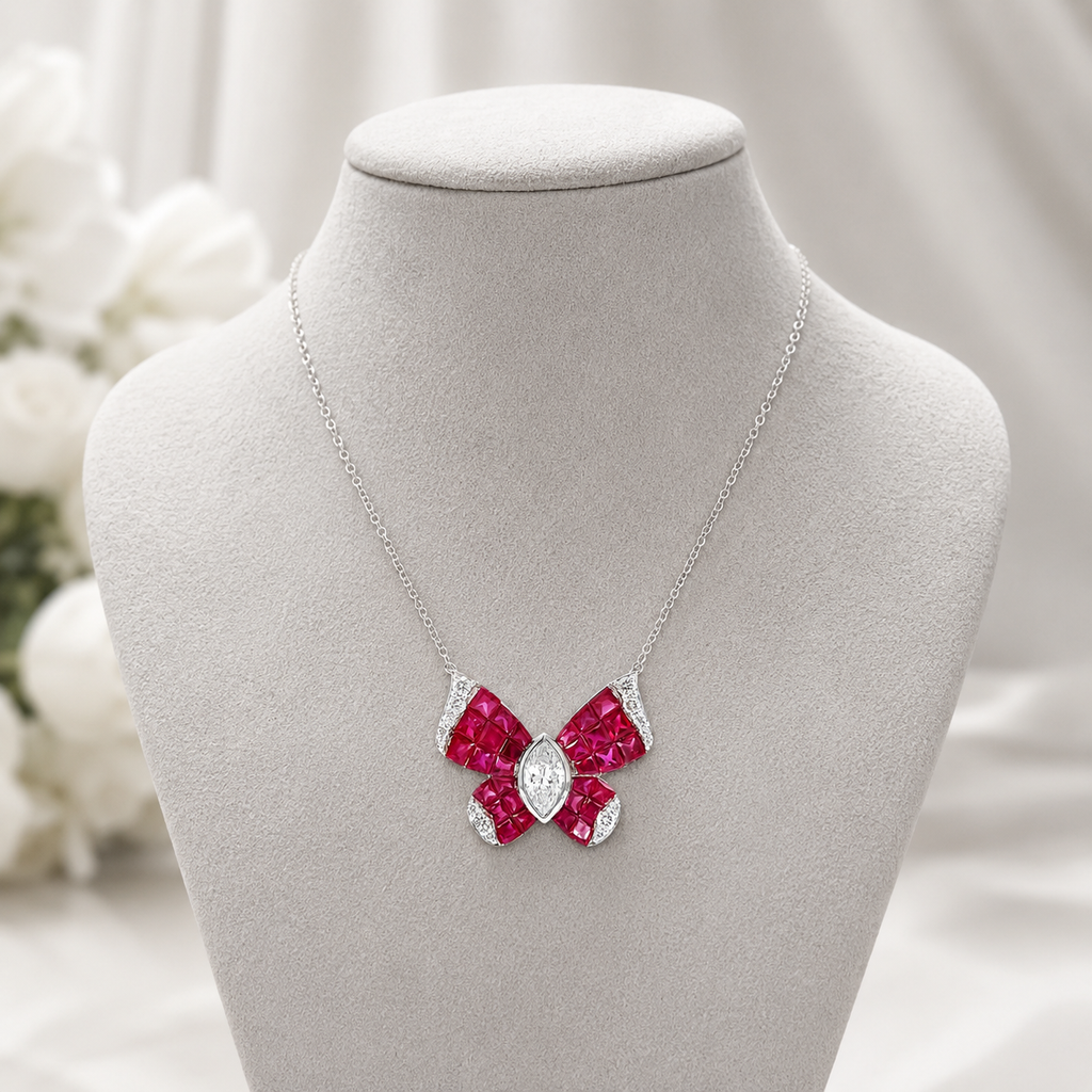 Natural Marquise Cut Diamonds and Rubies Butterfly Necklace 18KT White Gold