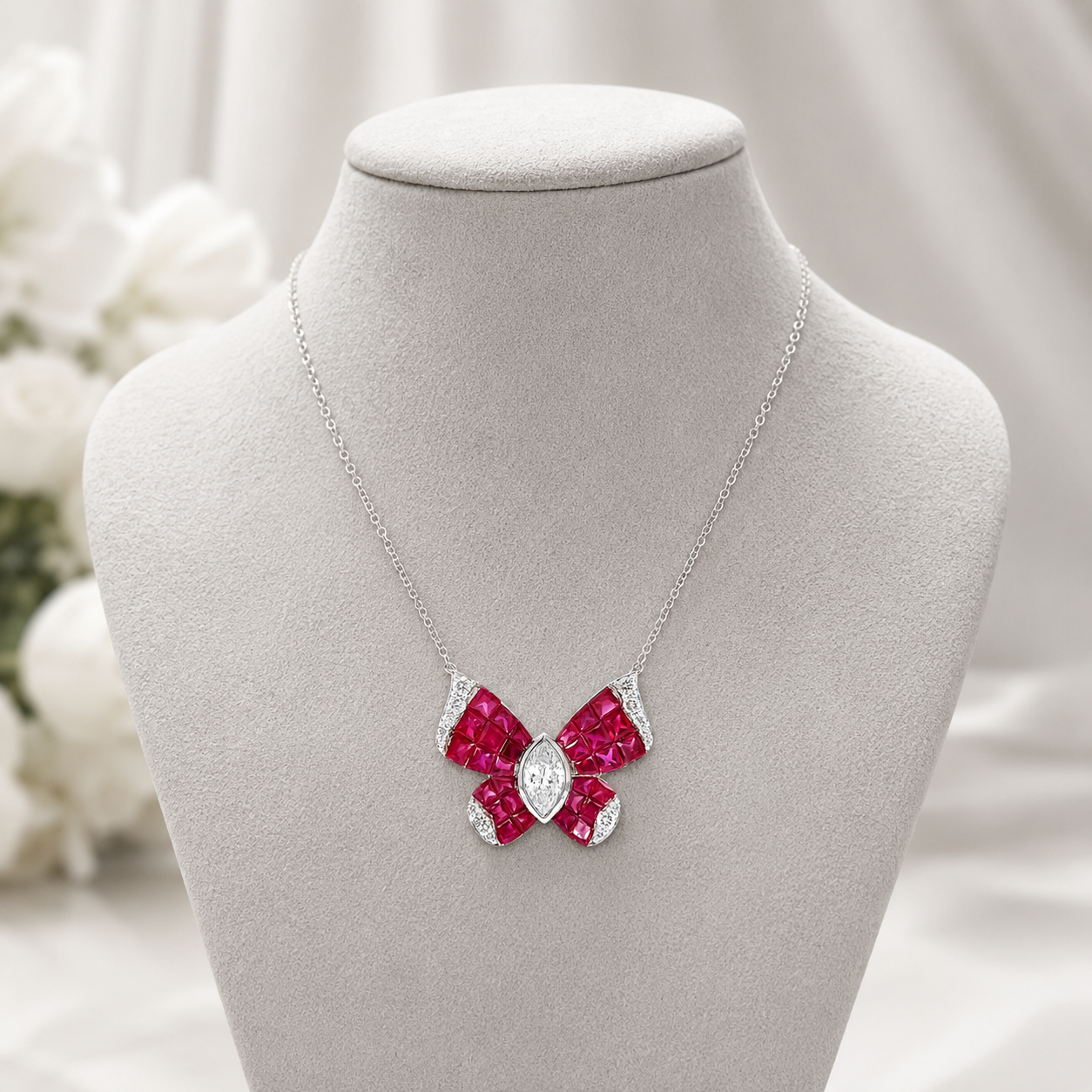 Natural Marquise Cut Diamonds and Rubies Butterfly Necklace 18KT White Gold