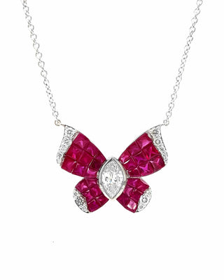 Natural Mined Marquise Cut Diamonds and Rubies Butterfly Pendant White Gold GIA Certified