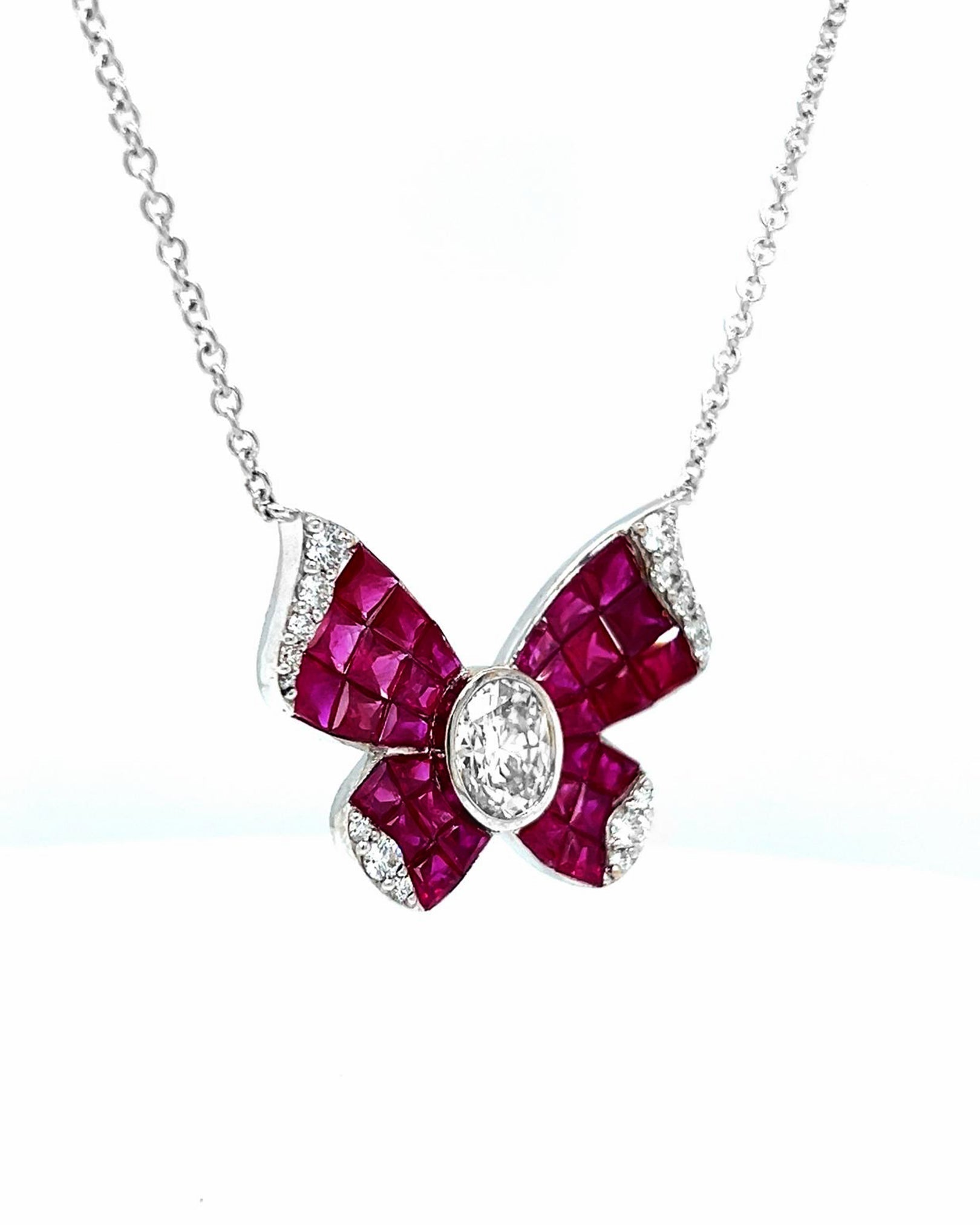 Natural Diamond and Ruby Butterfly Pendant White Gold