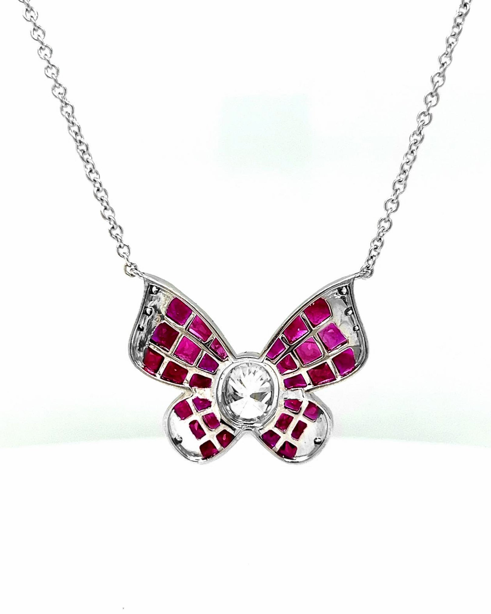 Natural Diamond and Ruby Butterfly Pendant White Gold