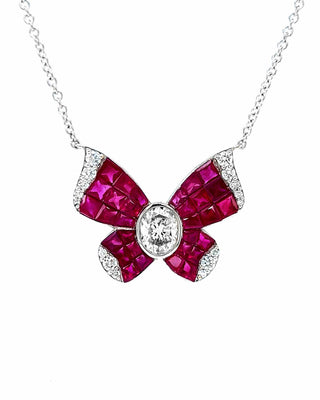 Natural Mined Diamond and Ruby Butterfly Pendant White Gold