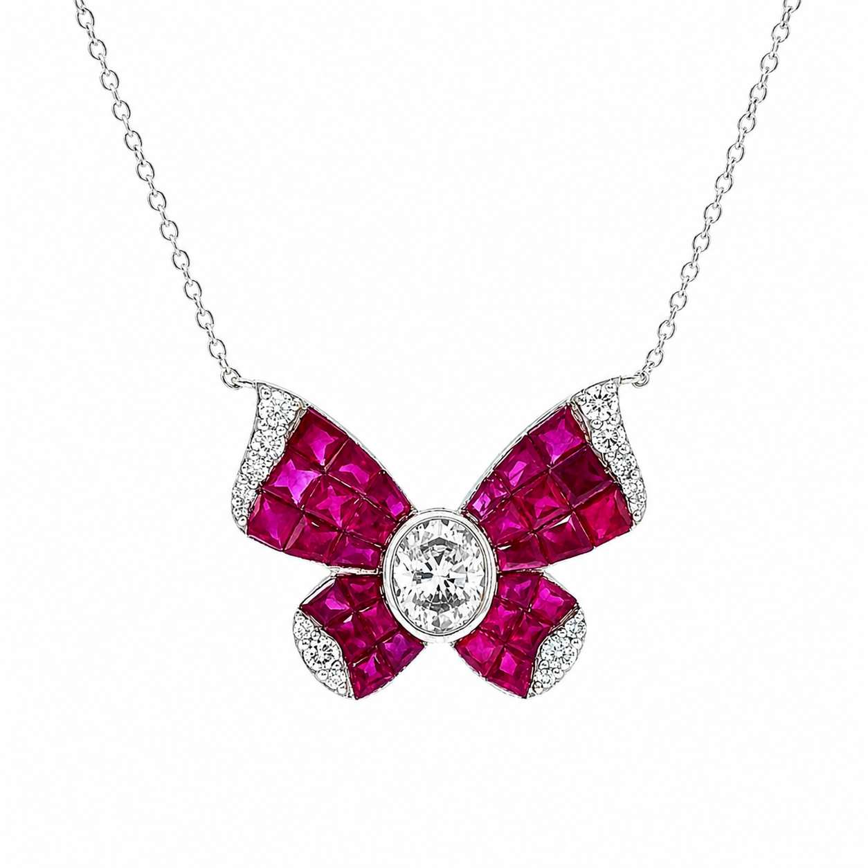 Natural Diamond and Ruby Butterfly Necklace 14KT White Gold