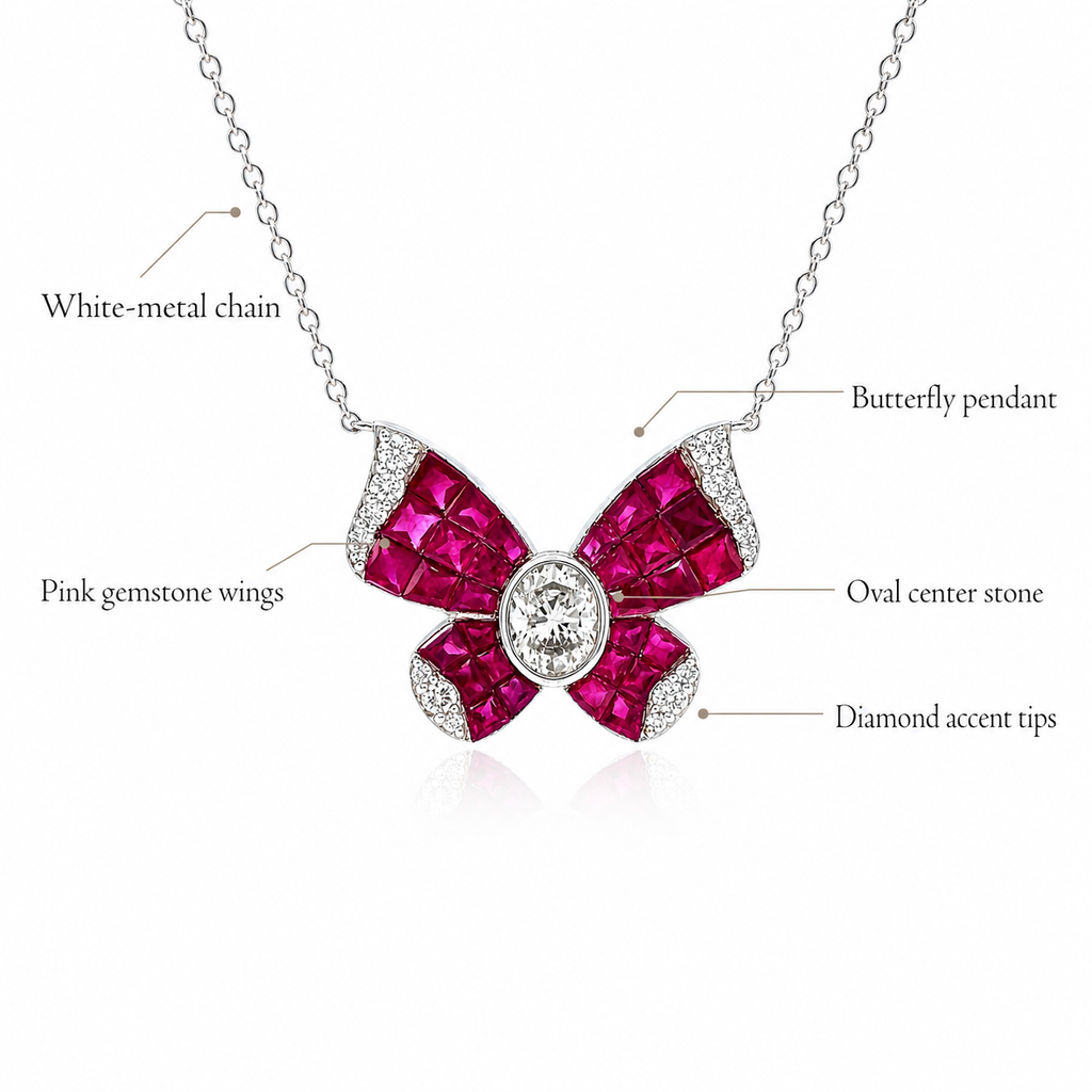 Natural Diamond and Ruby Butterfly Necklace 14KT White Gold