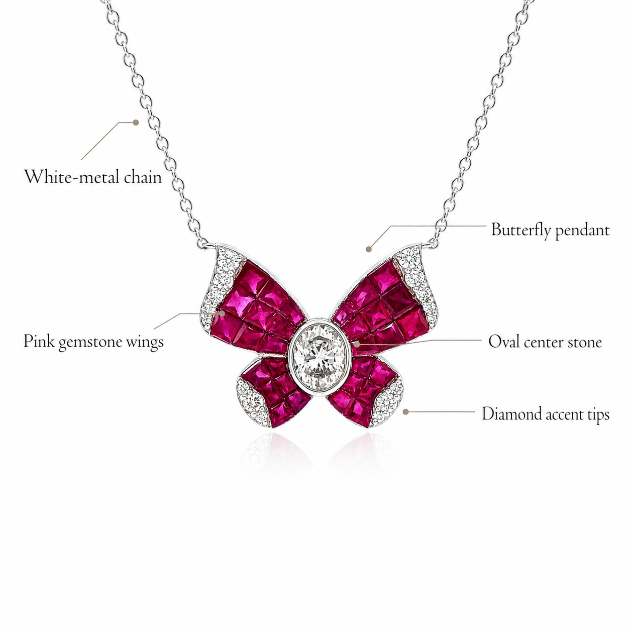 Natural Diamond and Ruby Butterfly Necklace 14KT White Gold