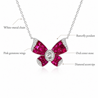 Natural Diamond and Ruby Butterfly Necklace 14KT White Gold