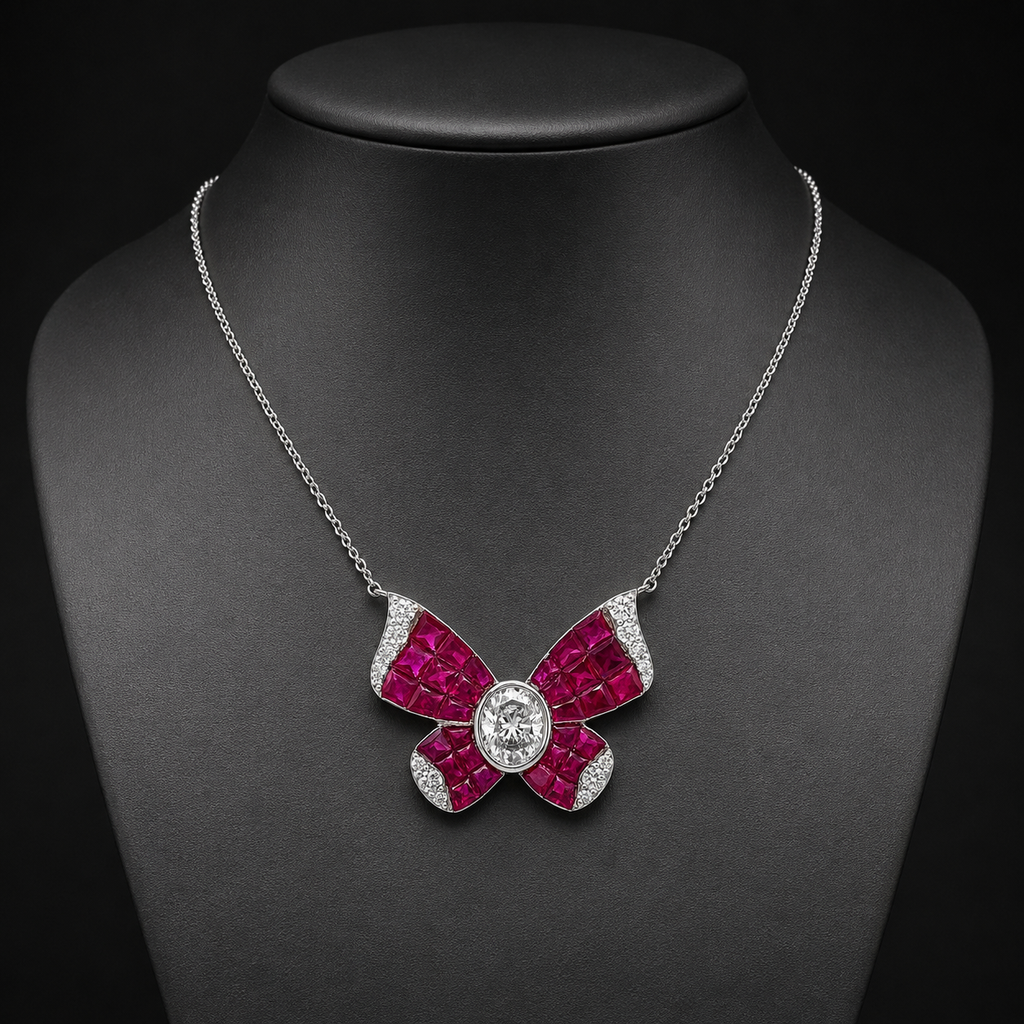 Natural Diamond and Ruby Butterfly Necklace 14KT White Gold