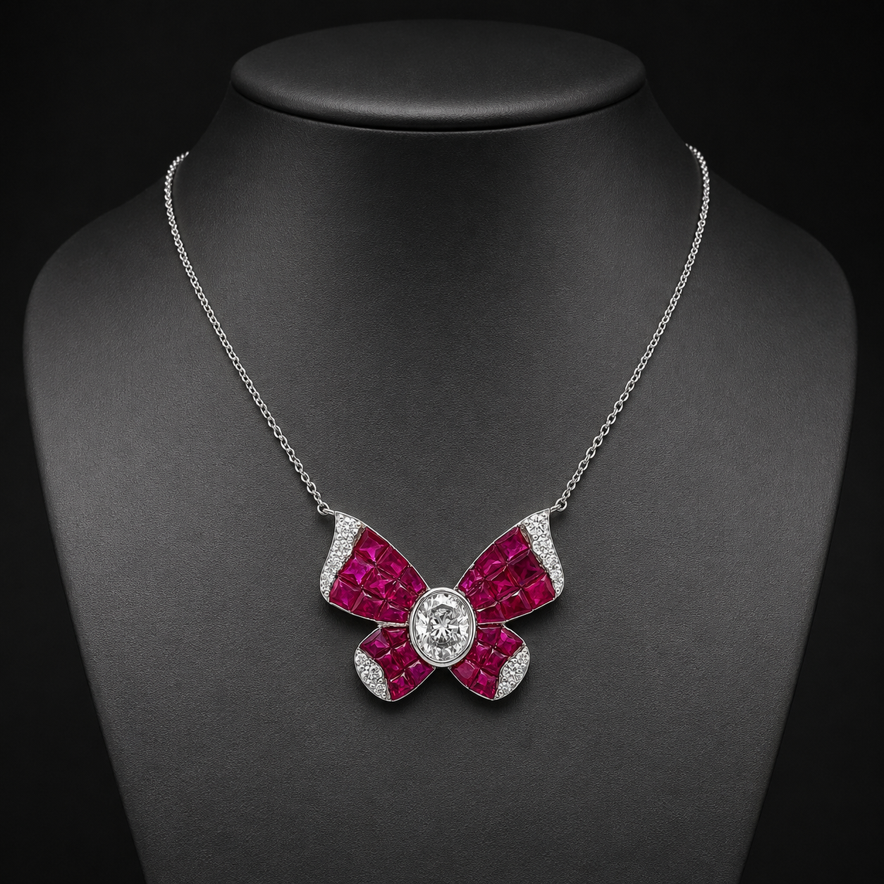 Natural Diamond and Ruby Butterfly Necklace 14KT White Gold