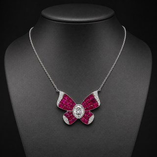 Natural Diamond and Ruby Butterfly Necklace 14KT White Gold