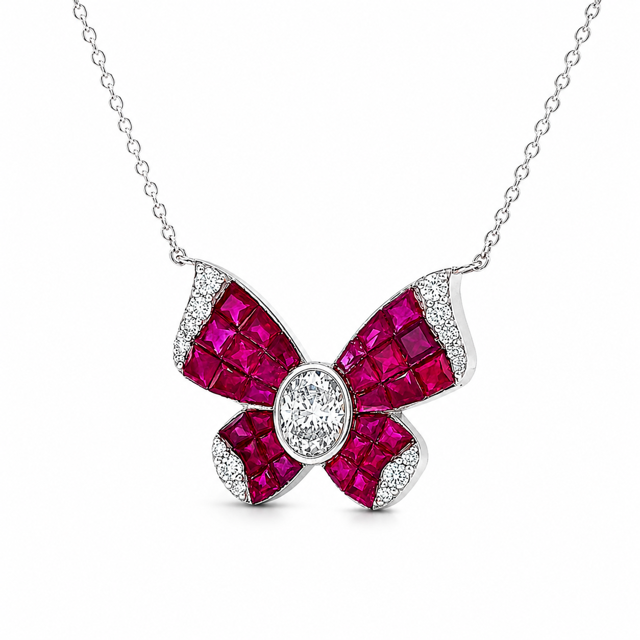 Natural Diamond and Ruby Butterfly Necklace 14KT White Gold