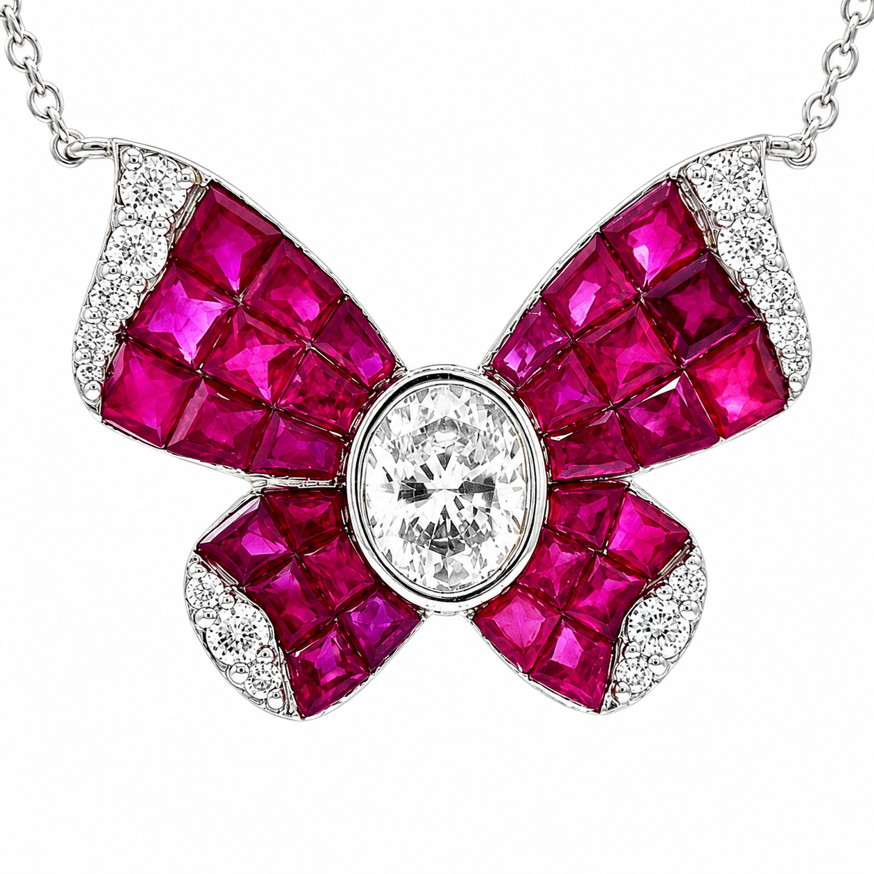 Natural Diamond and Ruby Butterfly Necklace 14KT White Gold